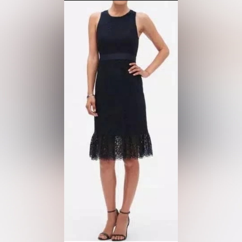 Banana Republic Navy Lace Sheath Dress with Ruffle Hem, Size 2P
